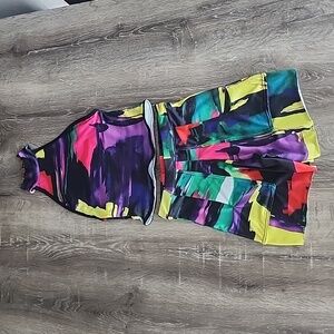 Upcycled DIY Abstract Print Two Piece Mock Neck Halter Top and Shorts Set